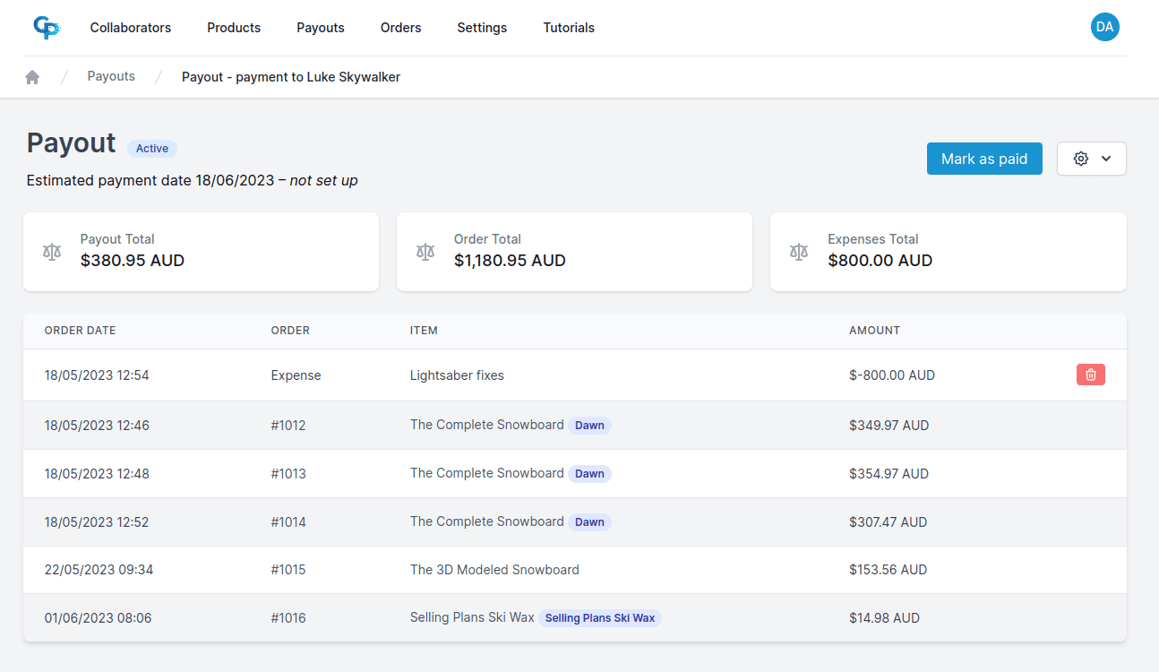 Collaborator dashboard showing payout overview and order history